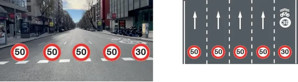 Velocidades máximas en vías urbanas con más de tres carriles por sentido de circulación, siendo uno de ellos ciclocarril