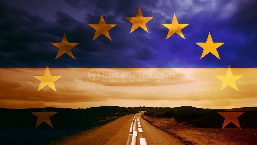 Carretera y bandera Union europea UE. Normativa comunitaria en seguridad vial: aportación española