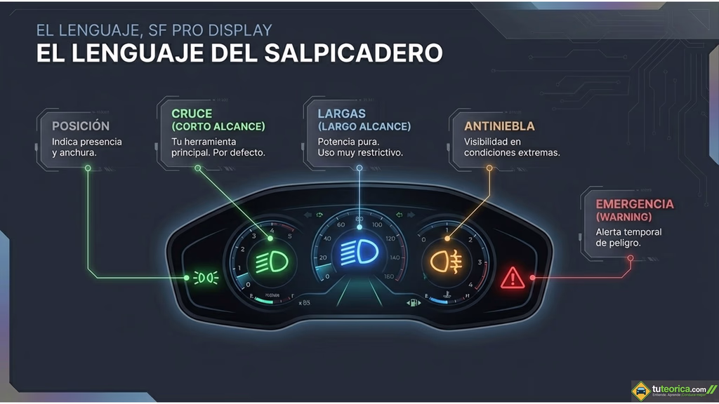 Infograf&iacute;a que explica el significado de los testigos luminosos en el salpicadero: luces de posici&oacute;n (verde), cruce (verde), carretera (azul), antiniebla delantera (verde) y antiniebla trasera (&aacute;mbar).