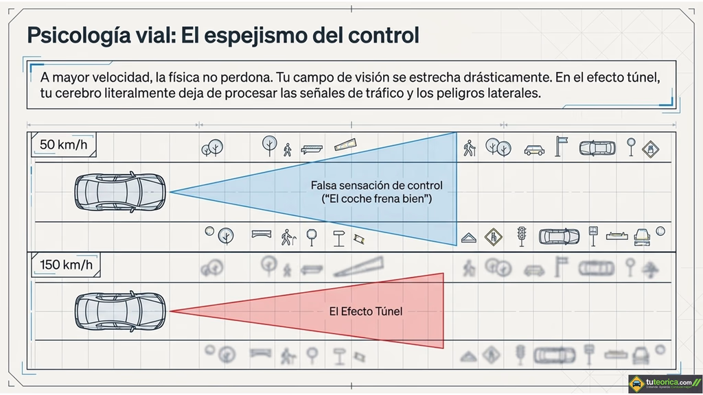 efecto-tunel-tuteorica Infografía de psicología vial que explica el efecto túnel: la reducción del campo visual periférico del conductor según aumenta la velocidad.