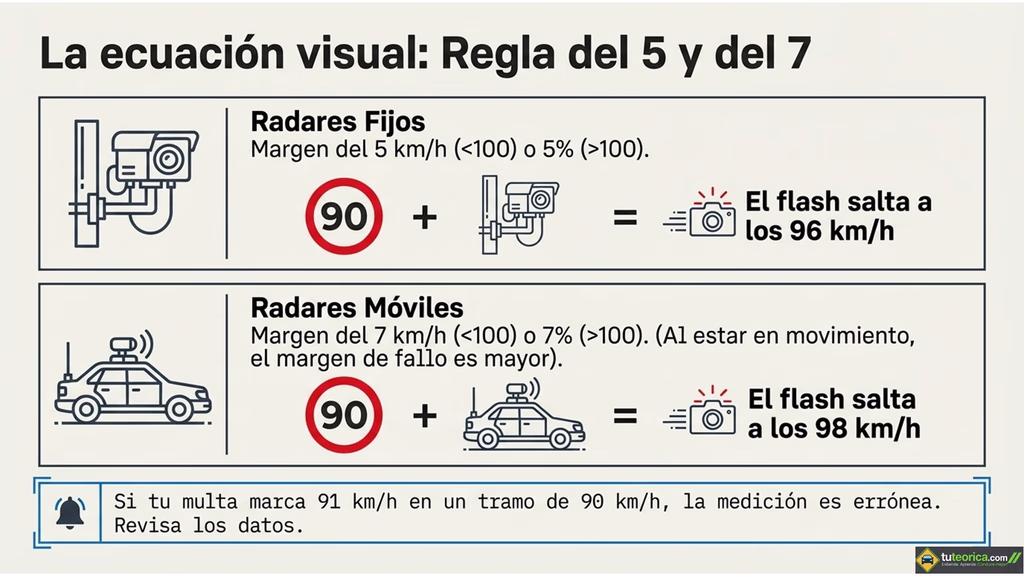 error-radar-tuteorica Infografía descriptiva de la regla del 5 y del 7 sobre el margen de error de los radares fijos y móviles según la normativa de la DGT.