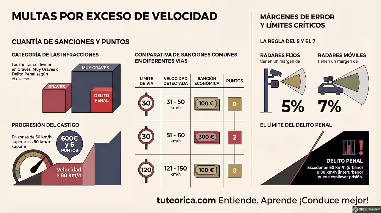multas-velocidad-tuteorica Infografía resumida sobre las multas por exceso de velocidad: incluye la tabla de sanciones DGT, pérdida de puntos y los márgenes de error de radares fijos (5%) y móviles (7%).