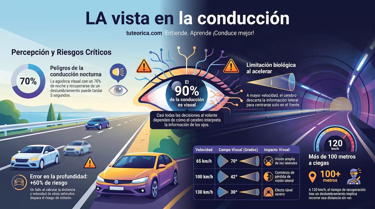 La visión en la conducción: Infografía de Seguridad Vial y Percepción Infografía sobre la visión en la conducción: explica el efecto túnel por velocidad, la agudeza visual dinámica y la percepción de profundidad en seguridad vial.