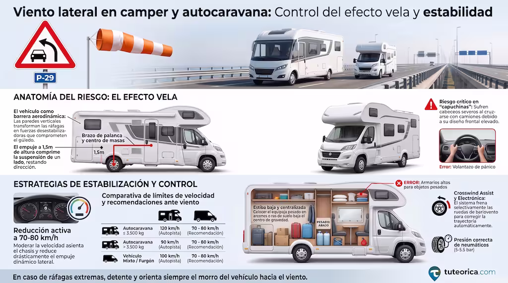 Infografía del efecto vela y estabilidad en autocaravanas y campers con viento transversal
