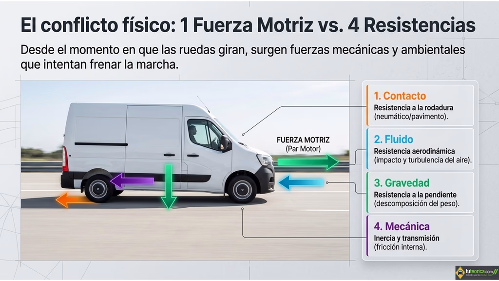 Resistencias al movimiento del vehículo: rodadura, aerodinámica, pendiente, inercia y rozamiento interno