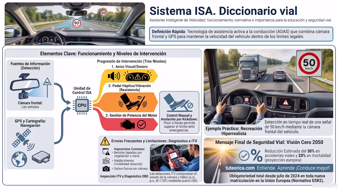 Infografía del asistente de velocidad inteligente ISA: esquema explicativo y normas de uso